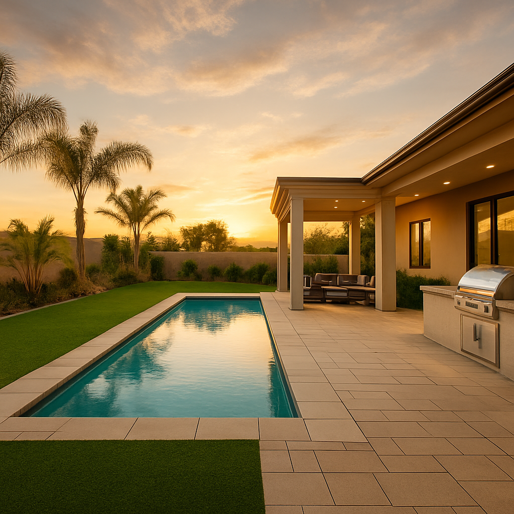 Luxury San Diego backyard with pool, pavers and outdoor kitchen